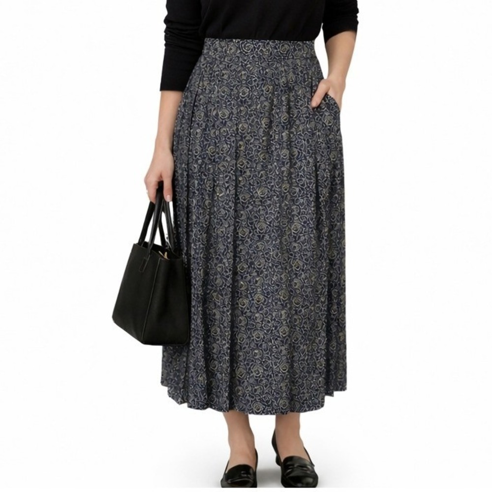 Vintage 90s‎ Navy Pleated Midi Skirt Acetate Rayon USA Elastic Waist